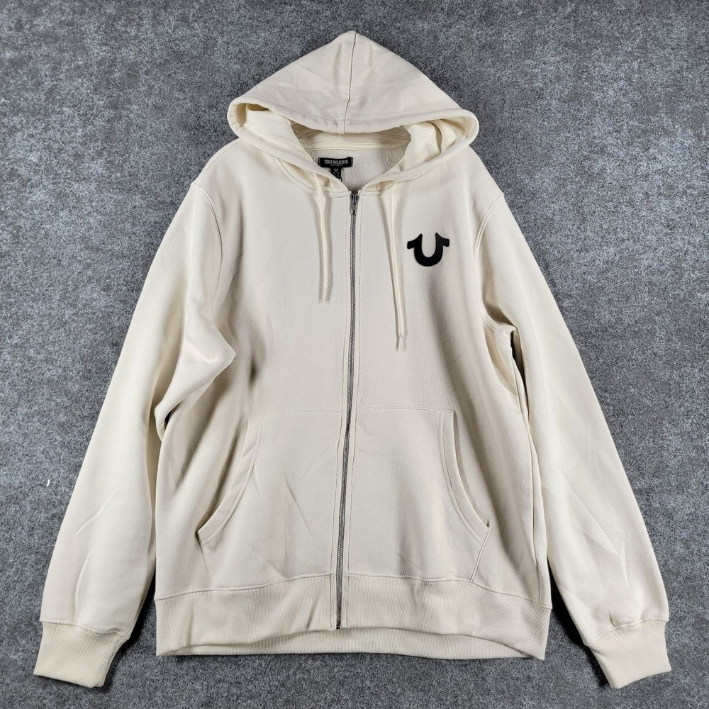 NWT True Religion Zip-Up Hoodie Mens XL Winter White Fleece Classic Logo Graphic